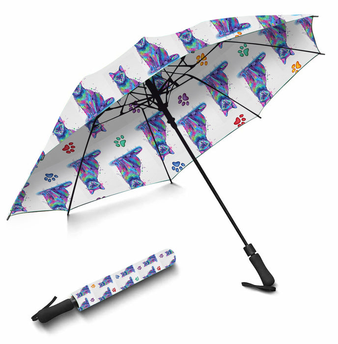 Watercolor Mini Russian Blue CatsSemi-Automatic Foldable Umbrella