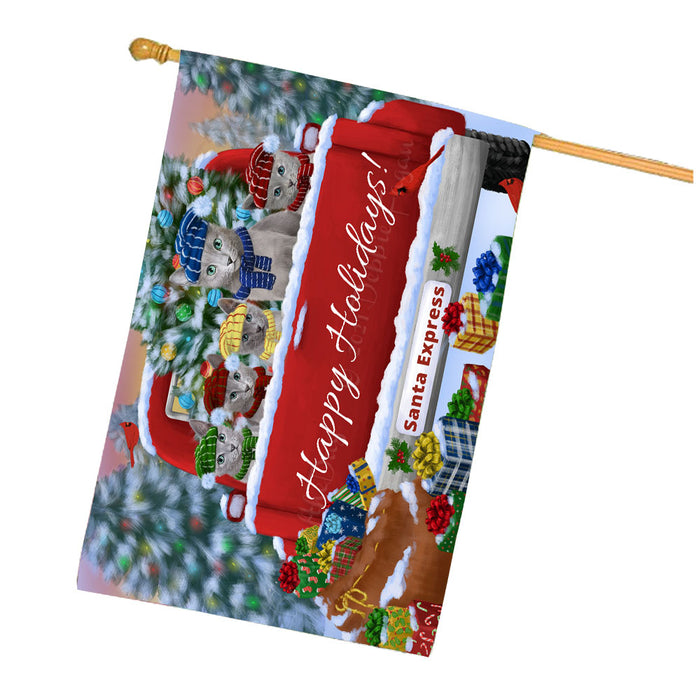 Christmas Red Truck Travlin Home for the Holidays Russian Blue Cats House Flag Outdoor Decorative Double Sided Pet Portrait Weather Resistant Premium Quality Animal Printed Home Decorative Flags 100% Polyester