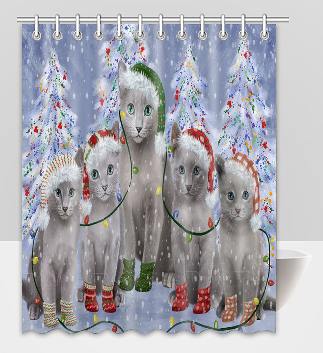 Christmas Lights and Russian Blue Cats Shower Curtain Pet Painting Bathtub Curtain Waterproof Polyester One-Side Printing Decor Bath Tub Curtain for Bathroom with Hooks