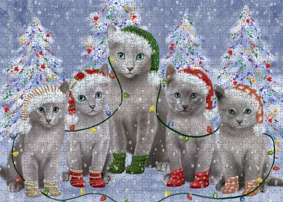 Christmas Lights and Russian Blue Cats Portrait Jigsaw Puzzle for Adults Animal Interlocking Puzzle Game Unique Gift for Dog Lover's with Metal Tin Box