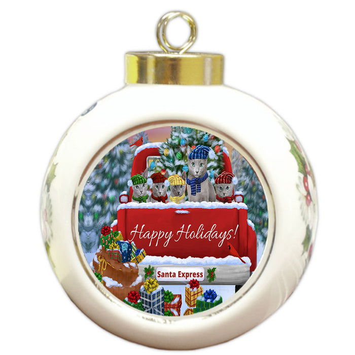 Christmas Red Truck Travlin Home for the Holidays Russian Blue Cats Round Ball Christmas Ornament Pet Decorative Hanging Ornaments for Christmas X-mas Tree Decorations - 3" Round Ceramic Ornament