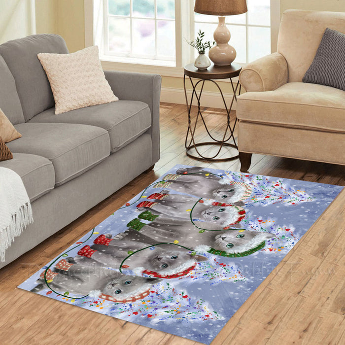 Christmas Lights and Russian Blue Cats Area Rug - Ultra Soft Cute Pet Printed Unique Style Floor Living Room Carpet Decorative Rug for Indoor Gift for Pet Lovers