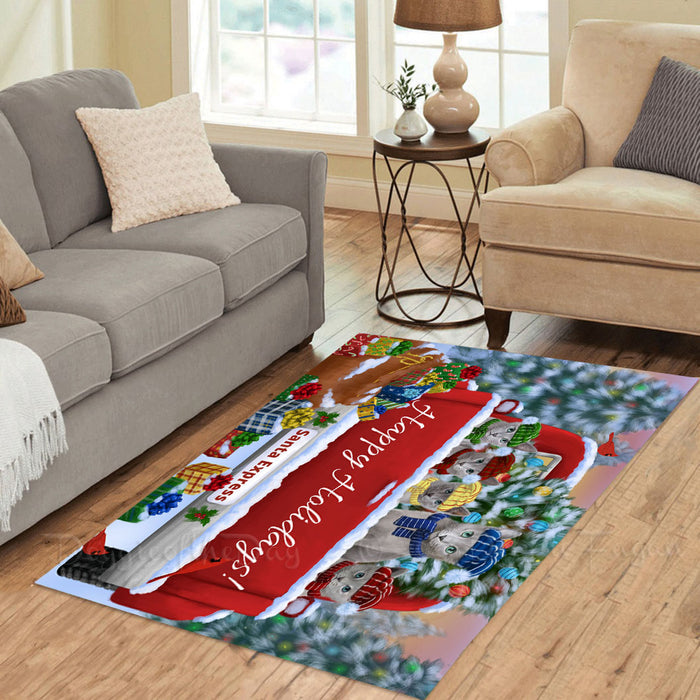 Christmas Red Truck Travlin Home for the Holidays Russian Blue Cats Area Rug - Ultra Soft Cute Pet Printed Unique Style Floor Living Room Carpet Decorative Rug for Indoor Gift for Pet Lovers
