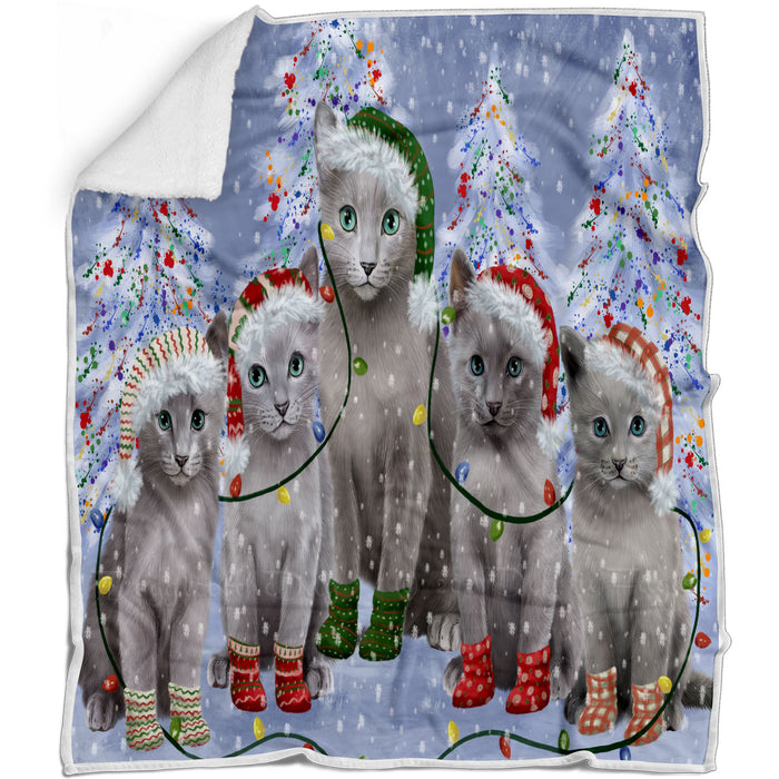 Christmas Lights and Russian Blue Cats Blanket - Lightweight Soft Cozy and Durable Bed Blanket - Animal Theme Fuzzy Blanket for Sofa Couch