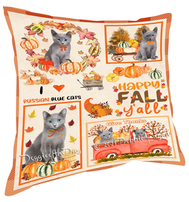 Happy Fall Y'all Pumpkin Russian Blue Cats Pillow with Top Quality High-Resolution Images - Ultra Soft Pet Pillows for Sleeping - Reversible & Comfort - Ideal Gift for Dog Lover - Cushion for Sofa Couch Bed - 100% Polyester