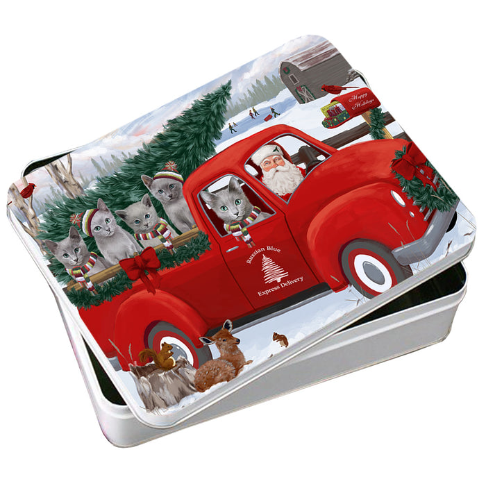 Christmas Santa Express Delivery Russian Blue Cats Family Photo Storage Tin PITN55004
