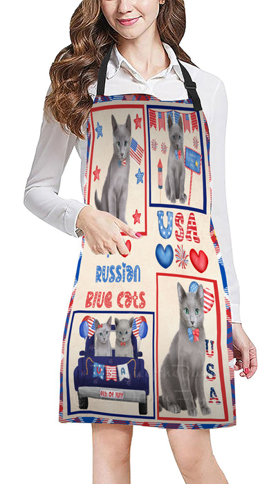 4th of July Independence Day I Love USA Russian Blue Cats Apron - Adjustable Long Neck Bib for Adults - Waterproof Polyester Fabric With 2 Pockets - Chef Apron for Cooking, Dish Washing, Gardening, and Pet Grooming