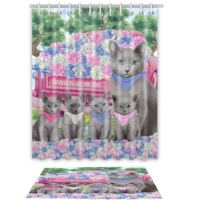 Russian Blue Shower Curtain with Bath Mat Combo: Curtains with hooks and Rug Set Bathroom Decor, Custom, Explore a Variety of Designs, Personalized, Pet Gift for Cat Lovers