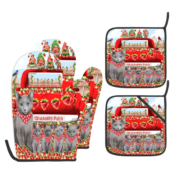 Russian Blue Oven Mitts and Pot Holder Set: Explore a Variety of Designs, Custom, Personalized, Kitchen Gloves for Cooking with Potholders, Gift for Cat Lovers