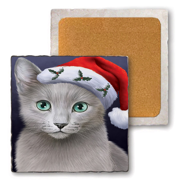 Christmas Holidays Russian Blue Cat Wearing Santa Hat Portrait Head Set of 4 Natural Stone Marble Tile Coasters MCST48503