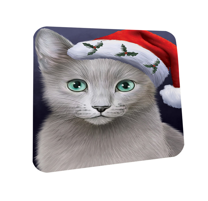 Christmas Holidays Russian Blue Cat Wearing Santa Hat Portrait Head Coasters Set of 4 CST53461