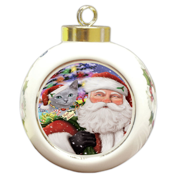 Santa Carrying Russian Blue Cat and Christmas Presents Round Ball Christmas Ornament RBPOR53701