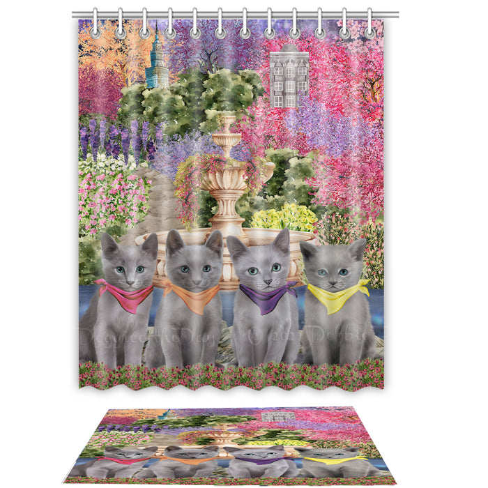 Russian Blue Shower Curtain & Bath Mat Set, Custom, Explore a Variety of Designs, Personalized, Curtains with hooks and Rug Bathroom Decor, Halloween Gift for Cat Lovers