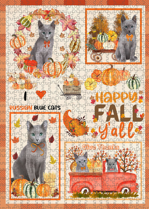 Happy Fall Y'all Pumpkin Russian Blue Cats Portrait Jigsaw Puzzle for Adults Animal Interlocking Puzzle Game Unique Gift for Dog Lover's with Metal Tin Box