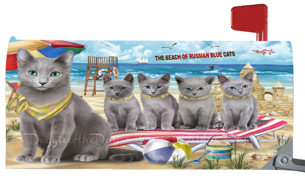 Pet Friendly Beach Russian Blue Cats Magnetic Mailbox Cover Both Sides Pet Theme Printed Decorative Letter Box Wrap Case Postbox Thick Magnetic Vinyl Material