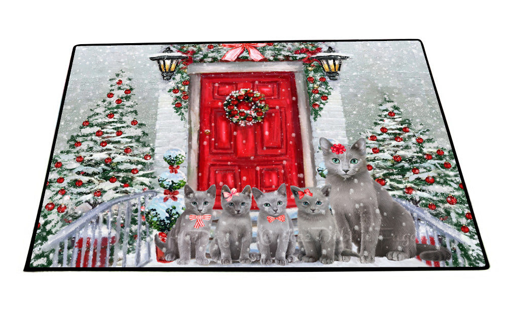 Christmas Holiday Welcome Russian Blue Cats Floor Mat- Anti-Slip Pet Door Mat Indoor Outdoor Front Rug Mats for Home Outside Entrance Pets Portrait Unique Rug Washable Premium Quality Mat