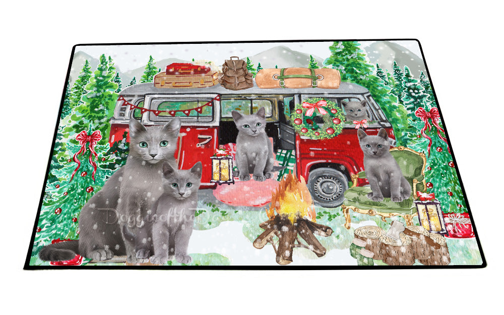 Christmas Time Camping with Russian Blue Cats Floor Mat- Anti-Slip Pet Door Mat Indoor Outdoor Front Rug Mats for Home Outside Entrance Pets Portrait Unique Rug Washable Premium Quality Mat