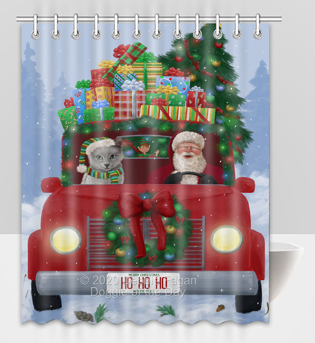 Christmas Honk Honk Red Truck Here Comes with Santa and Russian Blue Cat Shower Curtain Bathroom Accessories Decor Bath Tub Screens SC077