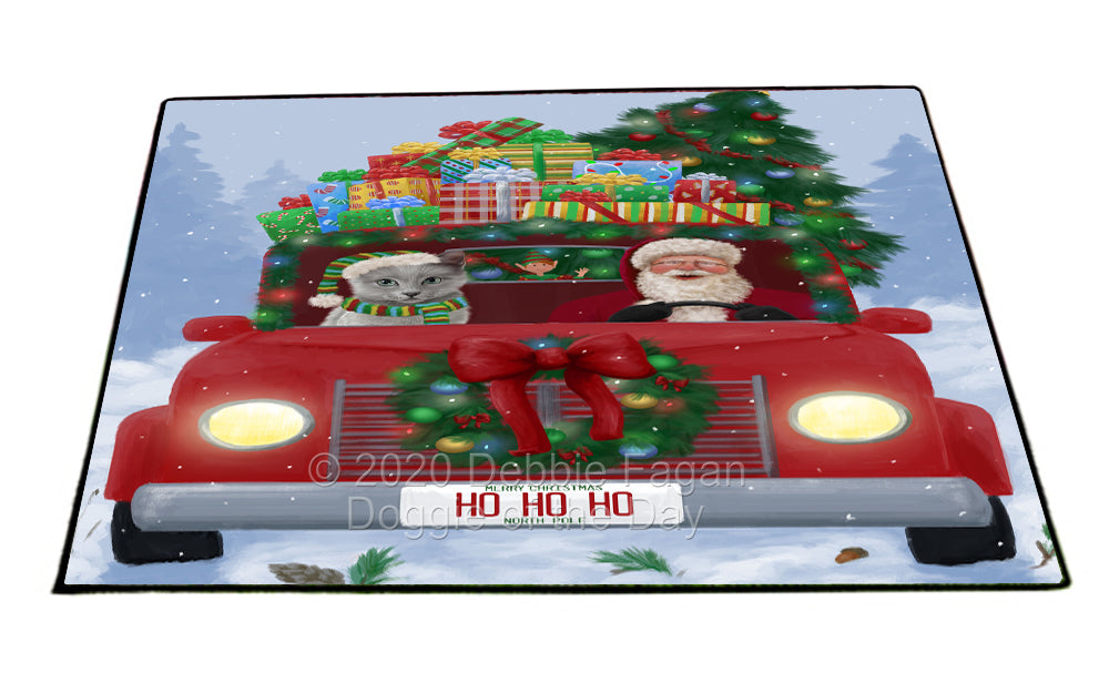 Christmas Honk Honk Red Truck Here Comes with Santa and Russian Blue Cat Indoor/Outdoor Welcome Floormat - Premium Quality Washable Anti-Slip Doormat Rug FLMS56974