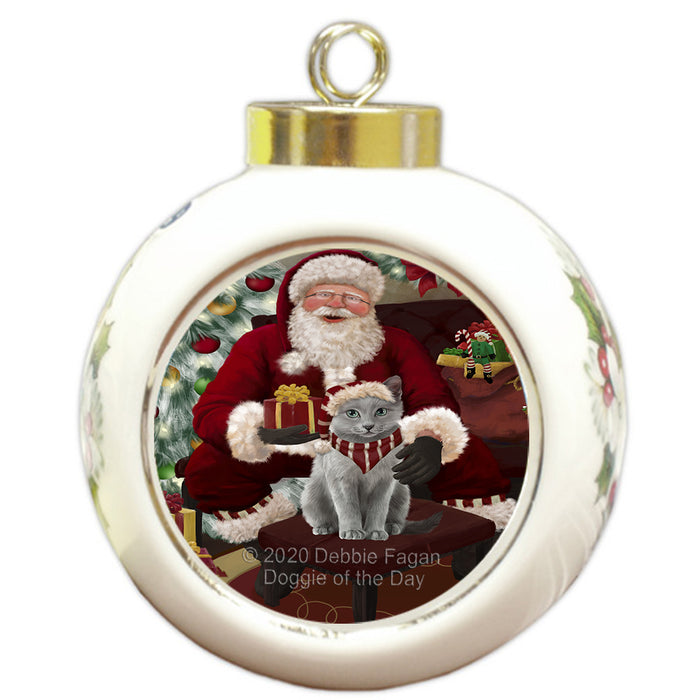 Santa's Christmas Surprise Russian Blue Cat Round Ball Christmas Ornament RBPOR58063