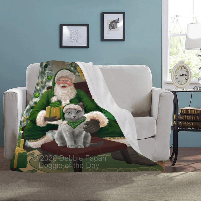 Christmas Irish Santa with Gift and Russian Blue Cat Blanket BLNKT141528