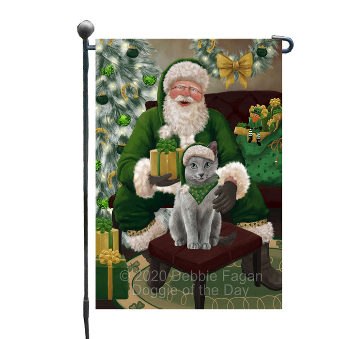 Christmas Irish Santa with Gift and Russian Blue Cat Garden Flag GFLG66680