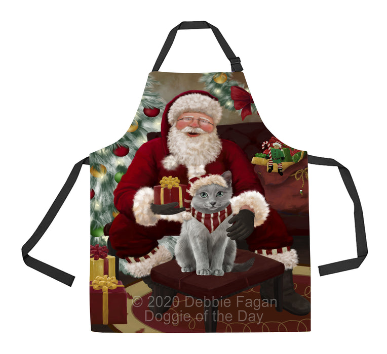 Santa's Christmas Surprise Russian Blue Cat Apron - Adjustable Long Neck Bib for Adults - Waterproof Polyester Fabric With 2 Pockets - Chef Apron for Cooking, Dish Washing, Gardening, and Pet Grooming