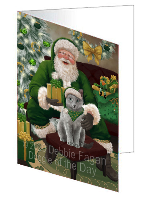 Christmas Irish Santa with Gift and Russian Blue Cat Handmade Artwork Assorted Pets Greeting Cards and Note Cards with Envelopes for All Occasions and Holiday Seasons GCD75962