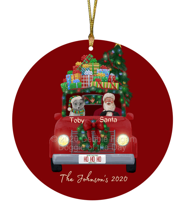 Personalized Christmas Honk Honk Red Truck Here Comes with Santa and Russian Blue Cat Round Flat Ornament PRBPOR59115