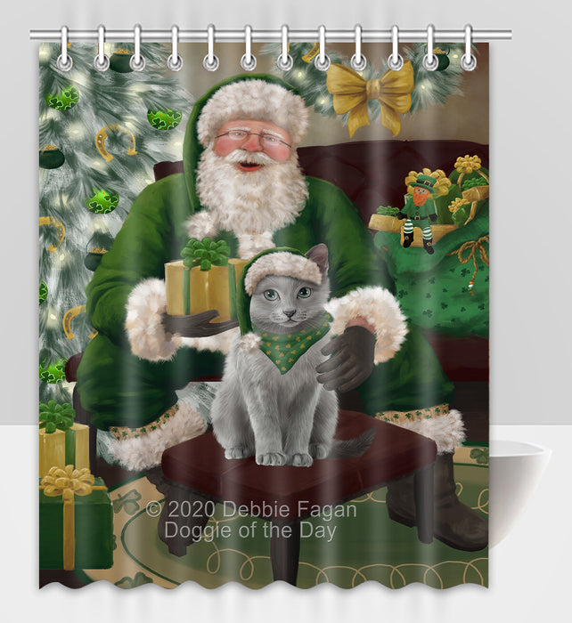 Christmas Irish Santa with Gift and Russian Blue Cat Shower Curtain Bathroom Accessories Decor Bath Tub Screens SC174