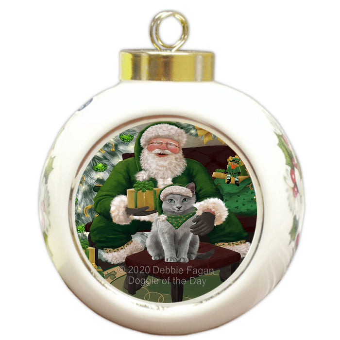 Christmas Irish Santa with Gift and Russian Blue Cat Round Ball Christmas Ornament RBPOR57964