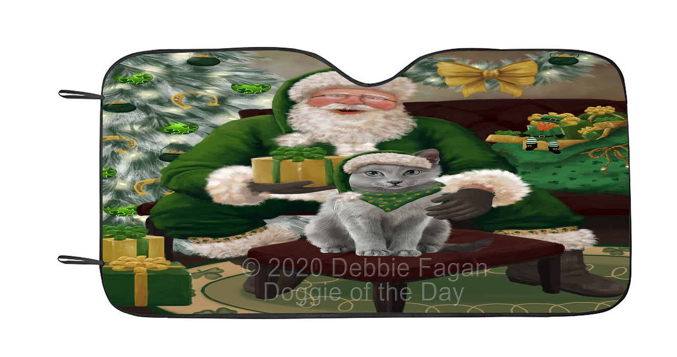Christmas Irish Santa with Gift and Russian Blue Cat Car Sun Shade Cover Curtain