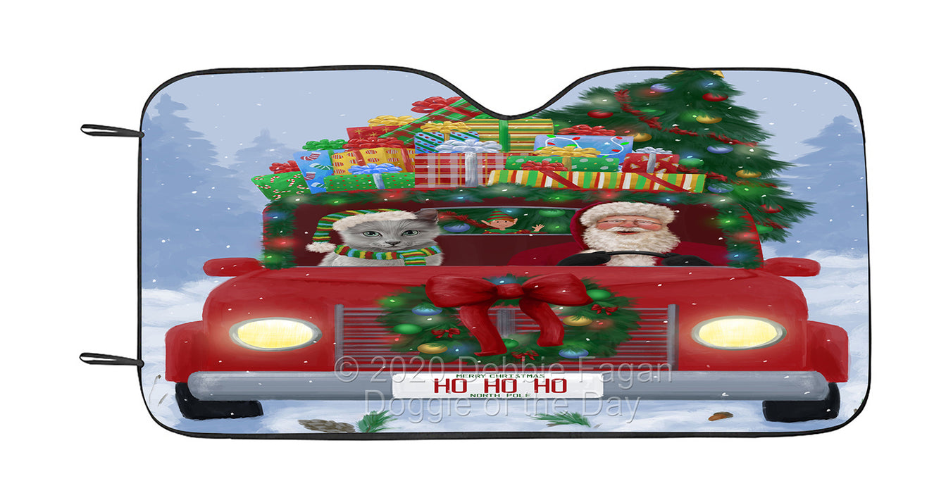 Christmas Honk Honk Red Truck with Santa and Russian Blue Cat Car Sun Shade Cover Curtain