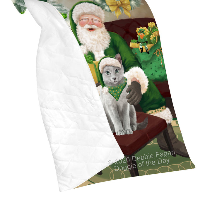 Christmas Irish Santa with Gift and Russian Blue Cat Quilt Bed Coverlet Bedspread - Pets Comforter Unique One-side Animal Printing - Soft Lightweight Durable Washable Polyester Quilt