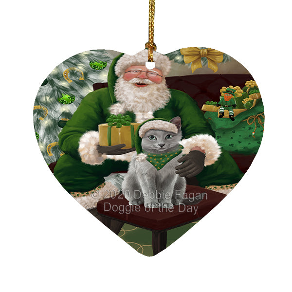 Christmas Irish Santa with Gift and Russian Blue Cat Heart Christmas Ornament RFPOR58306