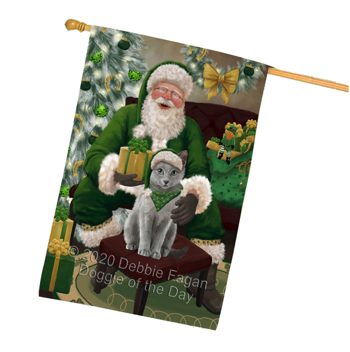Christmas Irish Santa with Gift and Russian Blue Cat House Flag FLG66736