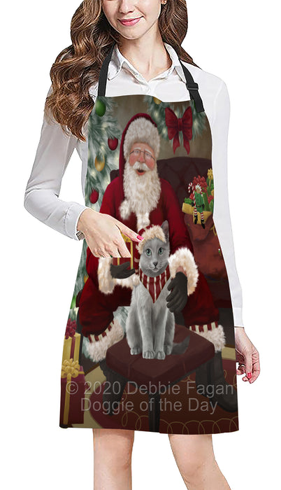 Santa's Christmas Surprise Russian Blue Cat Apron - Adjustable Long Neck Bib for Adults - Waterproof Polyester Fabric With 2 Pockets - Chef Apron for Cooking, Dish Washing, Gardening, and Pet Grooming