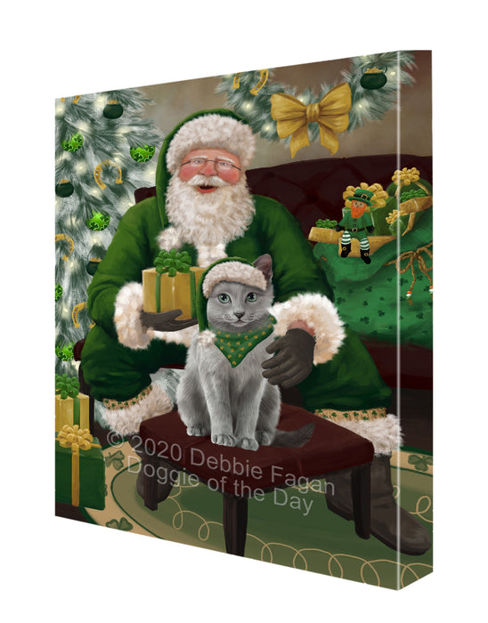 Christmas Irish Santa with Gift and Russian Blue Cat Canvas Print Wall Art Décor CVS148022