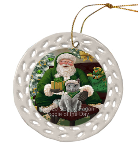 Christmas Irish Santa with Gift and Russian Blue Cat Doily Ornament DPOR59526