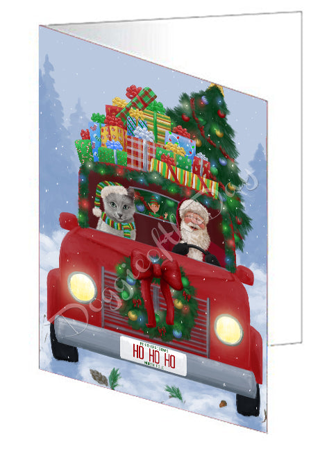Christmas Honk Honk Red Truck Here Comes with Santa and Russian Blue Cat Handmade Artwork Assorted Pets Greeting Cards and Note Cards with Envelopes for All Occasions and Holiday Seasons GCD75671