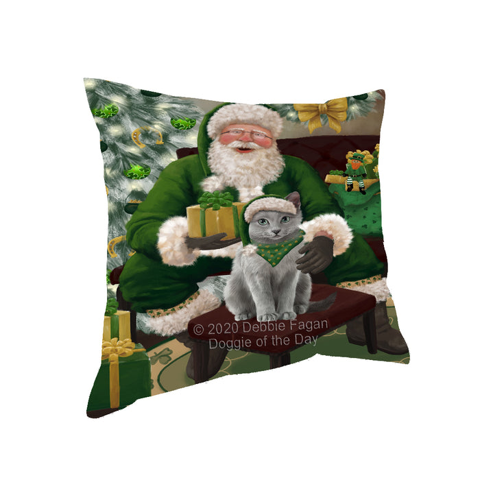 Christmas Irish Santa with Gift and Russian Blue Cat Pillow PIL86940