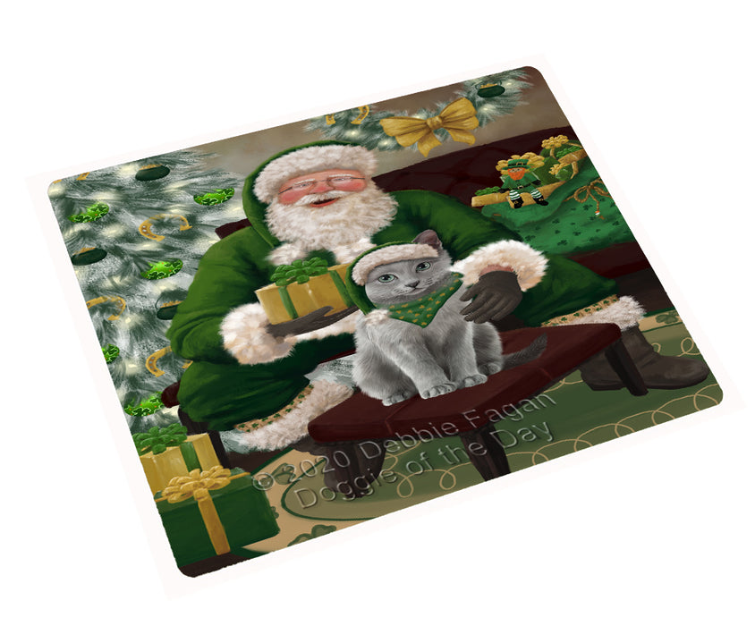 Christmas Irish Santa with Gift and Russian Blue Cat Cutting Board - Easy Grip Non-Slip Dishwasher Safe Chopping Board Vegetables C78445