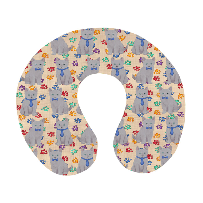 Rainbow Paw Print Russian Cats Blue U-Shape Travel Pillow