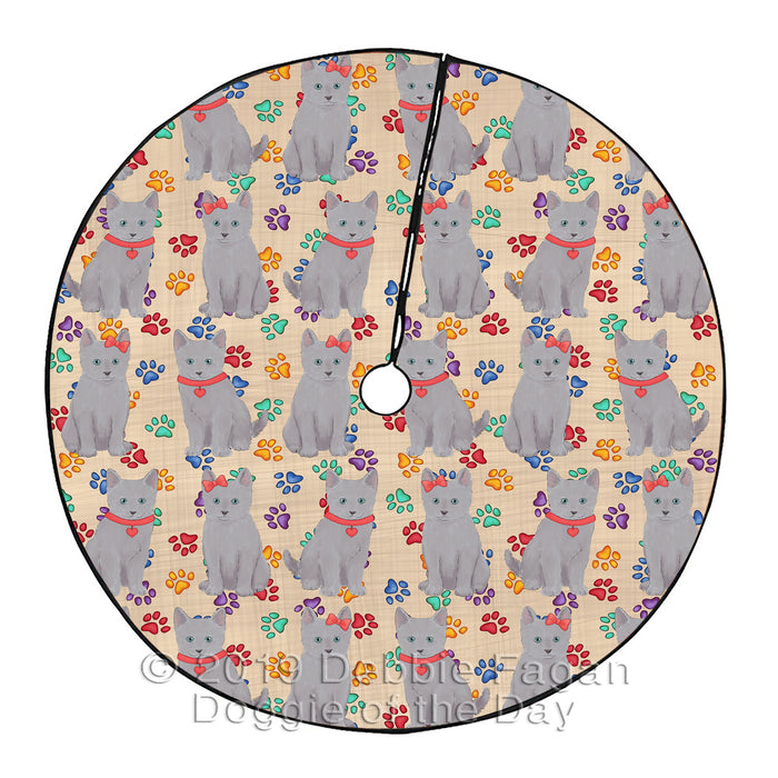 Rainbow Paw Print Russian Cats Red Christmas Tree Skirt