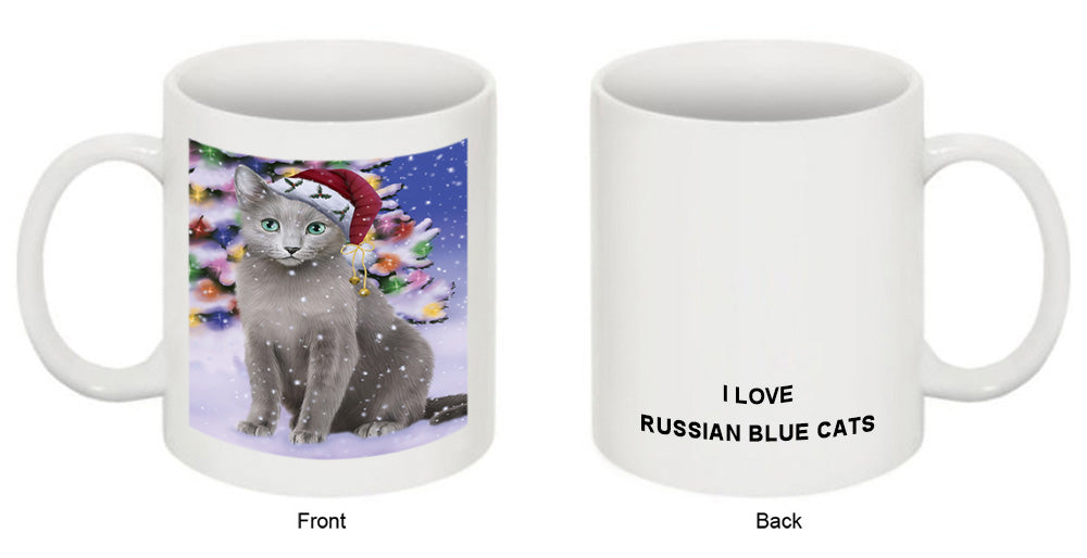 Winterland Wonderland Russian Blue Cat In Christmas Holiday Scenic Background Coffee Mug MUG49173