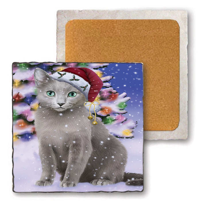 Winterland Wonderland Russian Blue Cat In Christmas Holiday Scenic Background Set of 4 Natural Stone Marble Tile Coasters MCST48775