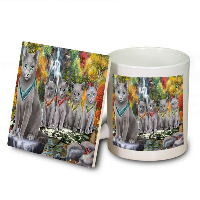 Scenic Waterfall Russian Blue Cats Mug and Coaster Set MUC51936