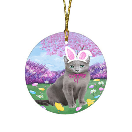 Easter Holiday Russian Blue Cat Round Flat Christmas Ornament RFPOR57331
