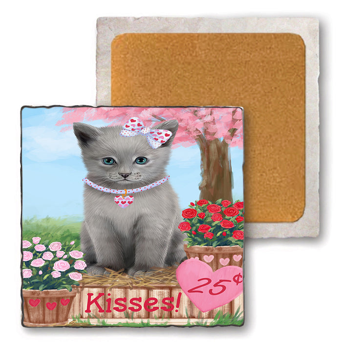 Rosie 25 Cent Kisses Russian Blue Cat Set of 4 Natural Stone Marble Tile Coasters MCST51011