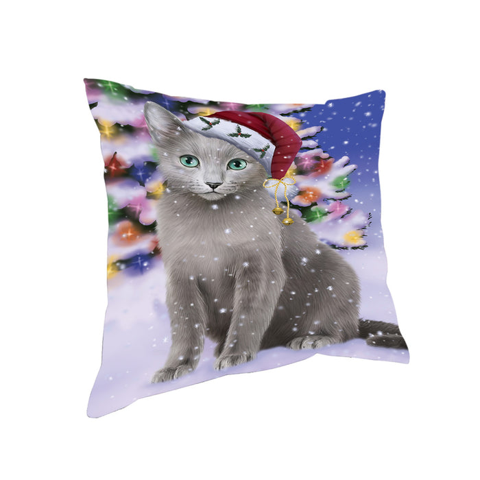 Winterland Wonderland Russian Blue Cat In Christmas Holiday Scenic Background Pillow PIL71724